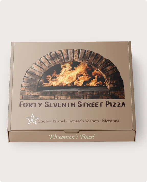 custom roll end front tuck frozen pizza box with brown printing and maroon branding and printed image of stove
