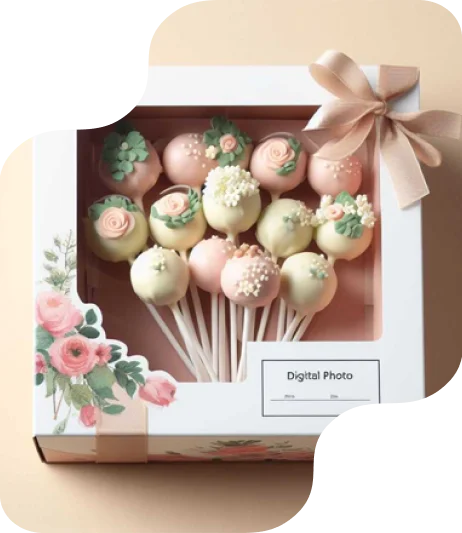 white cake pop box with die cut window at top panel and flow and text printing and adorned with ribbon flower