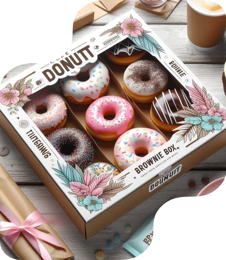die-cut colorful Brownie Box donut packaging with PVC window and floral illustrations printing, branded DONUT logo.