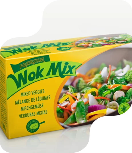 custom printed frozen vegetable box with yellow and green printing and image showing mixed veggie