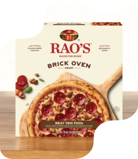 seal end frozen pizza box with white background printing and red and brown product copy and vibrant printed image of meat trio pizza 