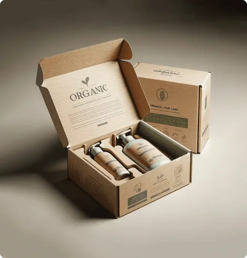 Eco-friendly kraft influencer box labeled Organic, with natural colors, minimalist graphics, and sustainable hair care branding printing