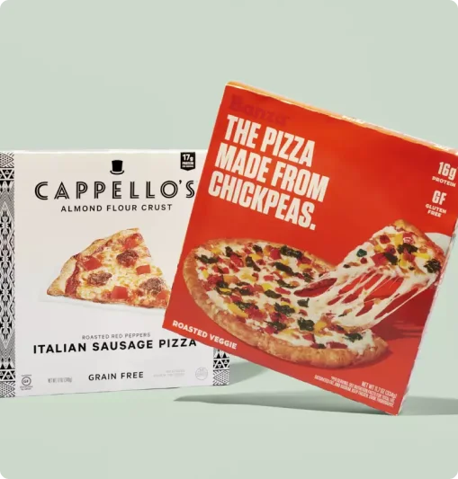 frozen piza box with chickpea and italian sausage denoting image printing and seal end style