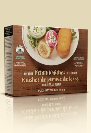 frozen potato kinishes boxes with printed product copy including weight, insturctions and product graphics on brown texture