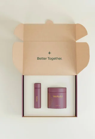 Custom influencer box with purple tray insert, gold-accented containers, and inside lid text reading “Better Together.” for premium wellness branding.