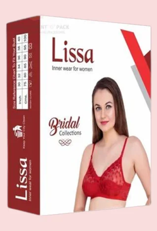 White and red Lissa Inner Wear box with bold branding printing, “Bridal Collections” label, butterfly logo, and side panel featuring bra size reference chart. Inside: lace bra.```