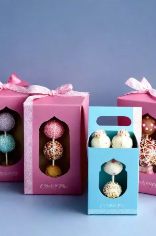 4 custom printed boxes with cake pops inside and all having die-cut windows, adorned with ribbon and printed with brand name