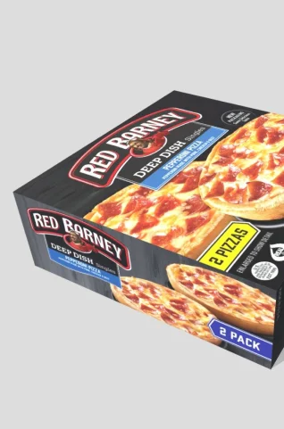 black textured frozen pizza box with red barnet printing and vibrant image printed to show delicious look
