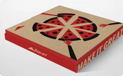 kraft pizza box with red color printing and image denoting 3 people grabbing pizza slide with hand
