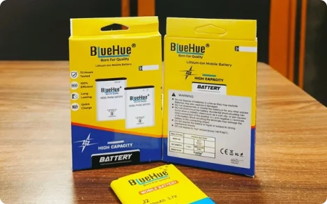 yellow custom printed battery box with euro hang tab for hanging and product copy with details and battery image