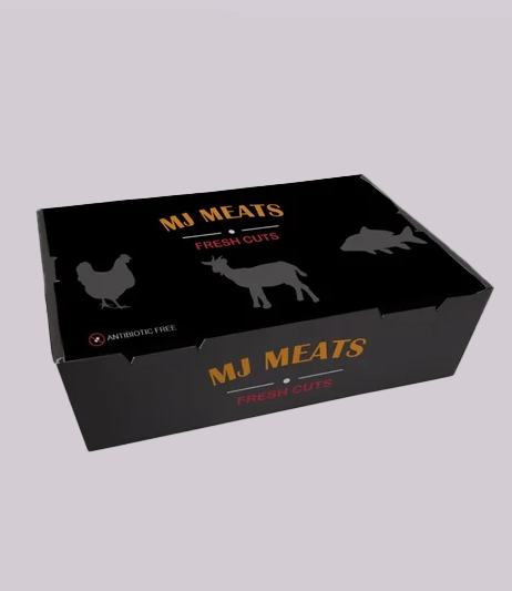 black frozen meat packaging box in tuck top style and custom printing showing fresh cut pieces