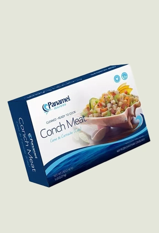 seal end frozen conch meat box with custom printed blue and white product copy printing and image denoting cooked conch. 