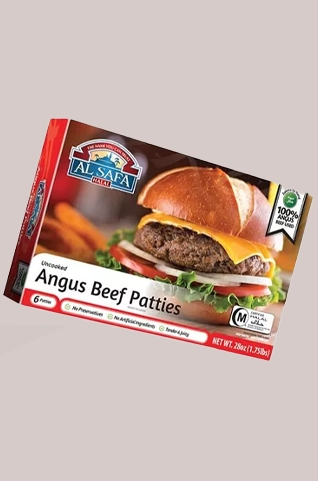 seal end angus beef patty box with custom printing showing angus beef burger photo and printed product copy