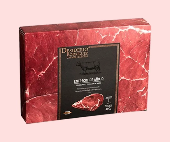 custom printed frozen beef box with red texture denoting beef and product copy in black text in middle