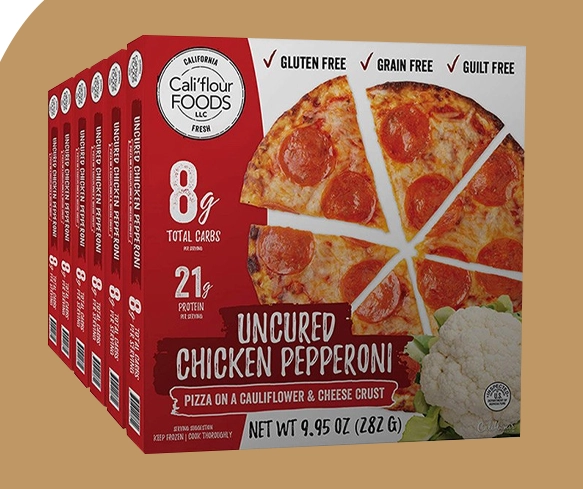 frozen pizza box packaging with seal end style and custom printed image and extensive flavor, calorie, weight and flavor printing
