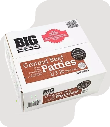 frozen beef patties box in white color with roll end front tuck style and custom product copy printing